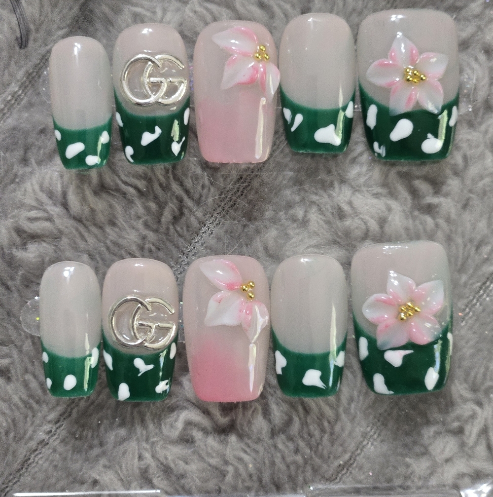 Designer Inspired Green & Pink Floral Press-On Nail Set with Metallic Accent